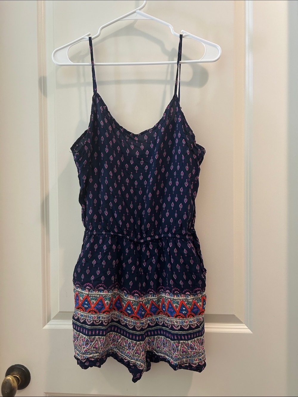 Indero Navy Boho Paisley Print Spaghetti Strap Romper Multi Border w/ pockets L